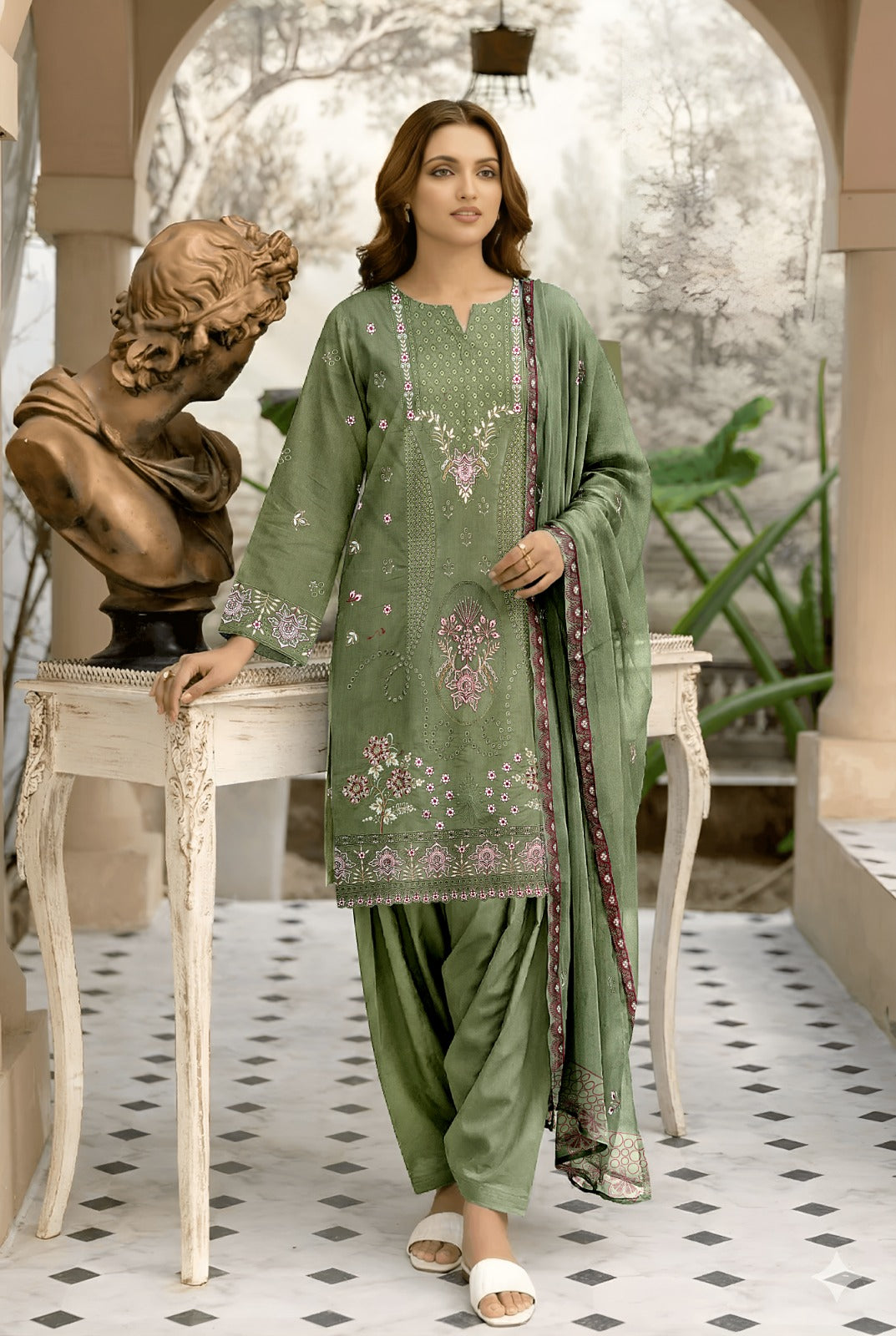 Morning Show 3PC Embroidery Lawn With Bamber Dupatta&nbsp;