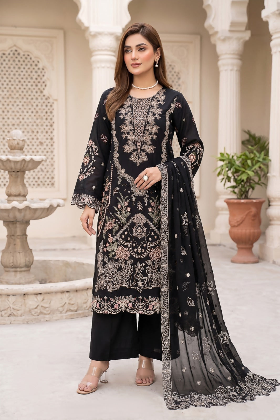 Morning Show 3PC Embroidery Lawn With Bamber Dupatta