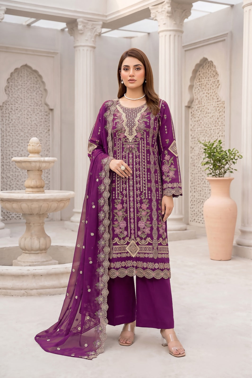 Morning Show 3PC Embroidery Lawn With Bamber Dupatta