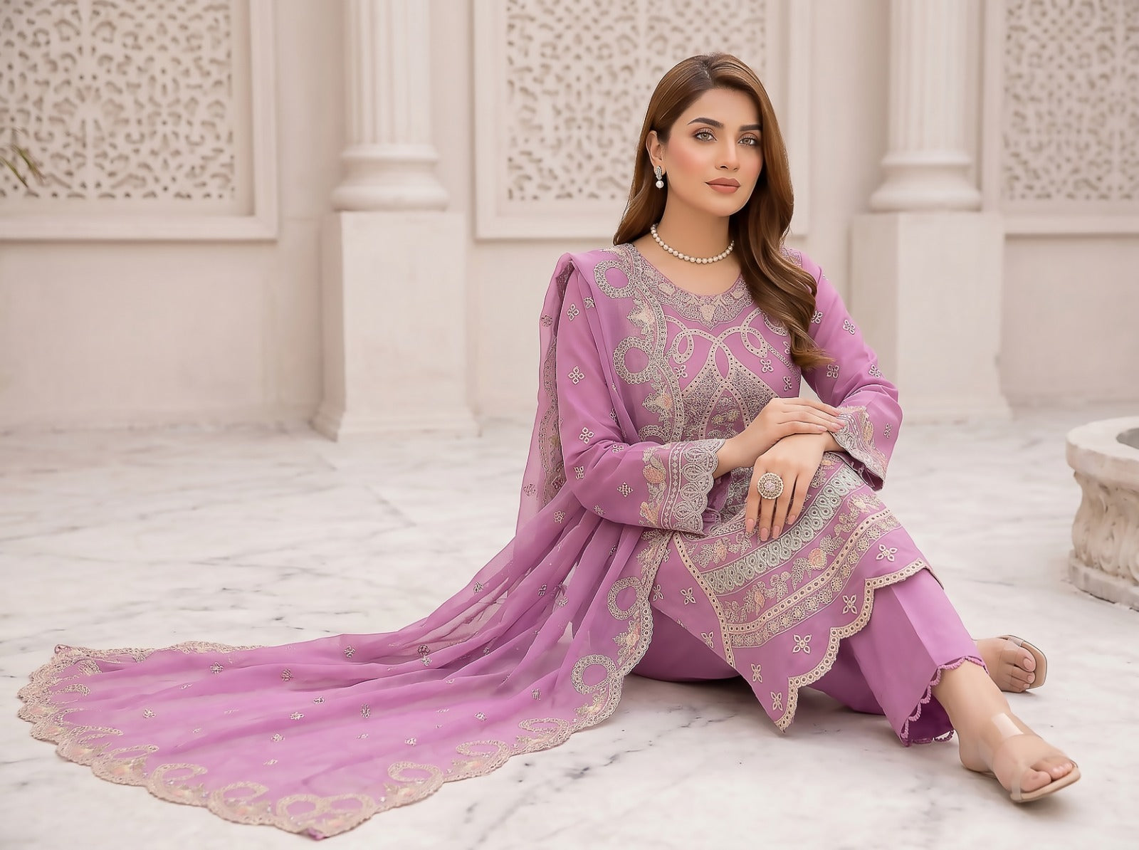 Morning Show 3PC Embroidery Lawn With Bamber Dupatta
