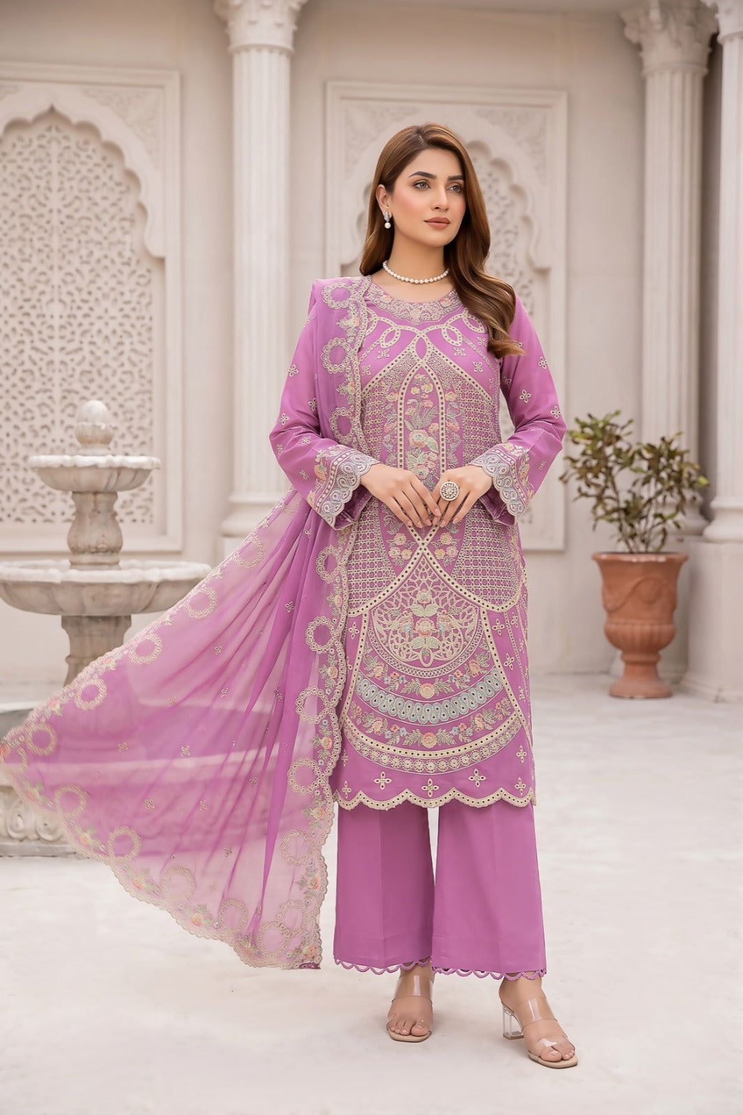 Morning Show 3PC Embroidery Lawn With Bamber Dupatta