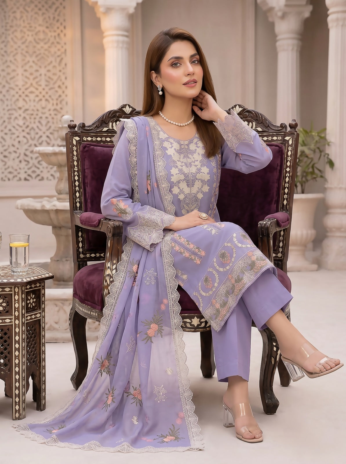 Morning Show 3PC Embroidery Lawn With Bamber Dupatta