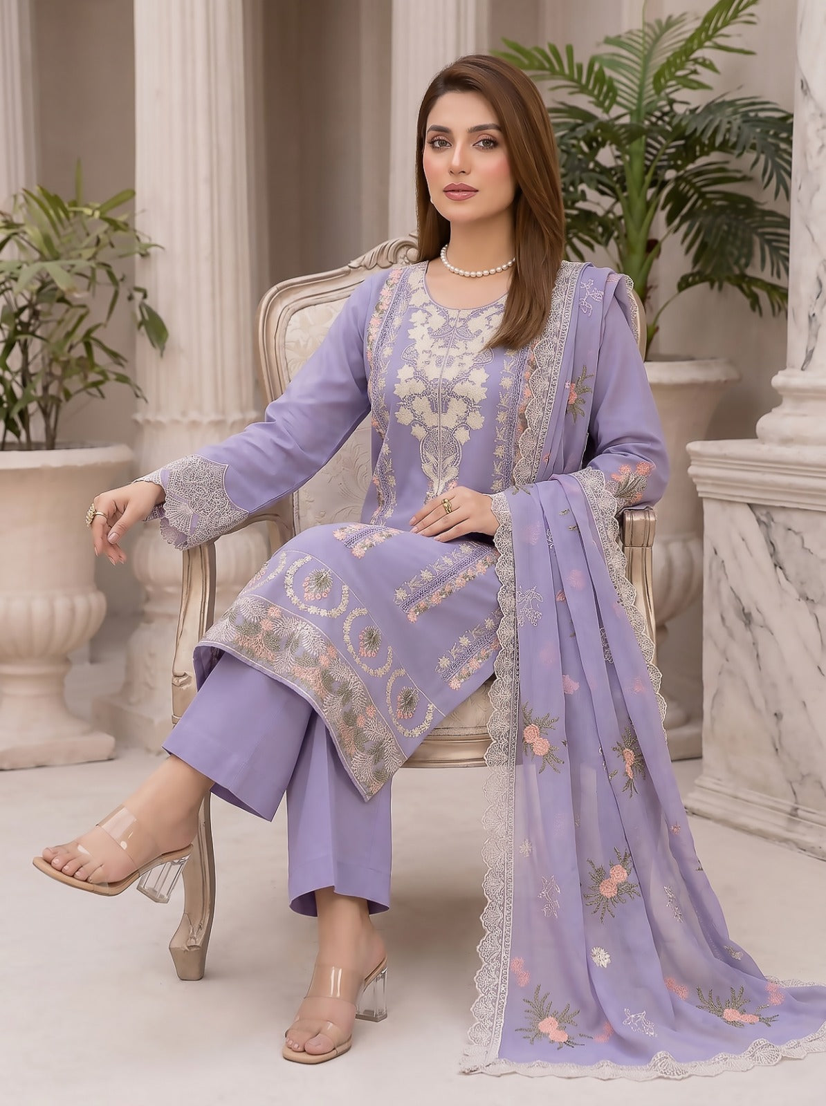 Morning Show 3PC Embroidery Lawn With Bamber Dupatta
