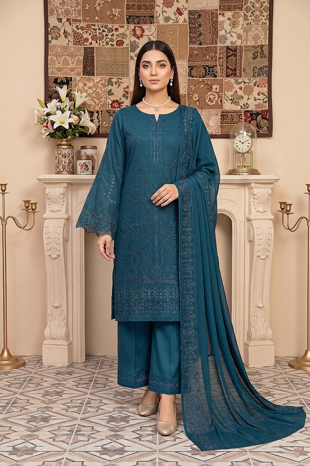 3PC Embroidery Lawn With Voil Emb Dupatta