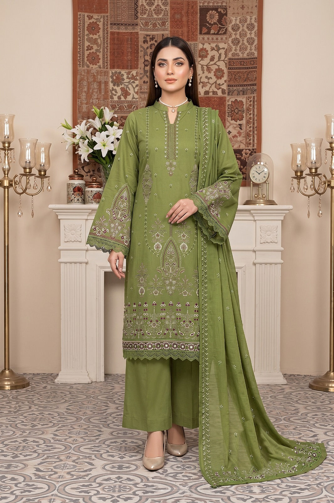 3PC Embroidery Lawn With Voil Emb Dupatta
