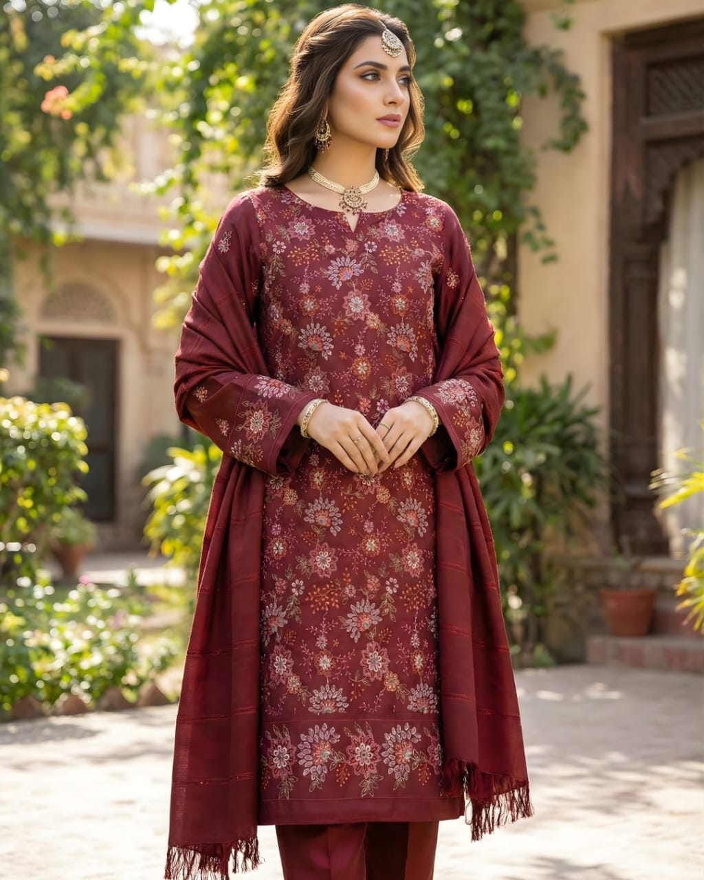 Peach Dhank Mahroon UNSTITCHED