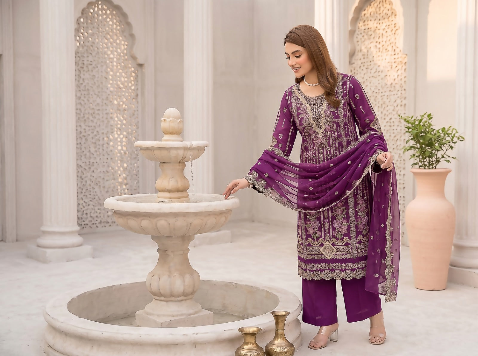 Morning Show 3PC Embroidery Lawn With Bamber Dupatta